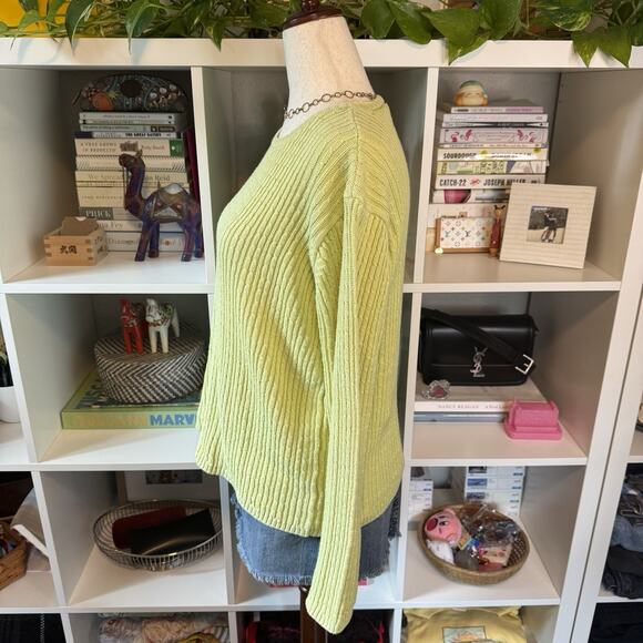 Vintage Talbots Size L Cotton Lime Green Cable Knit Logo Oversized Sweater - Picture 4 of 10
